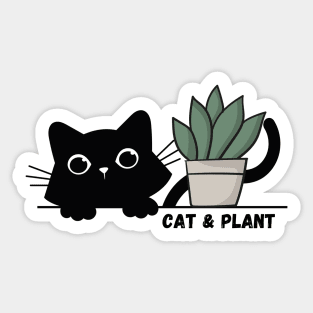 Cute black kitten and green plant - cat & plant Sticker